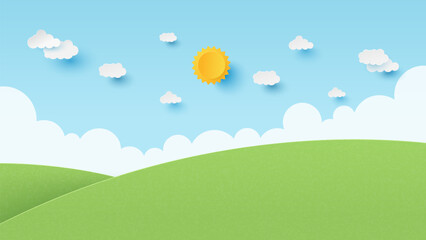 Landscape scenery with mountain and white cloud in summer blue sky background. Nature landscape. Paper cut and craft style illustration