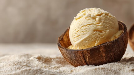 Fototapeta premium Soft lemon ice cream in coconut shell, airy sand-colored background