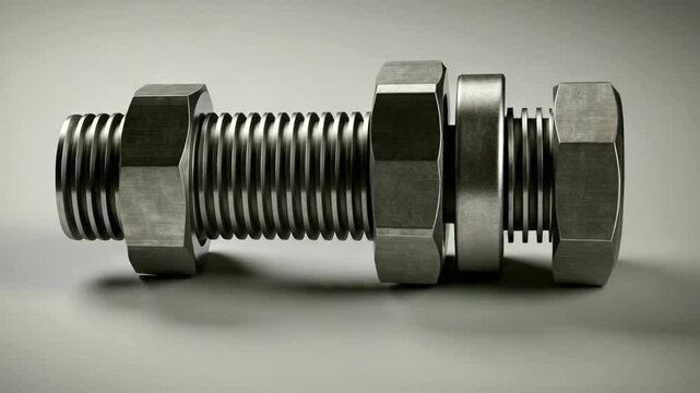 Metal bolt and nuts, close-up Machinery details on light surface