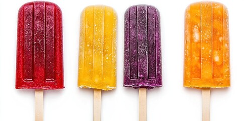 Four colorful popsicles are arranged on a white surface, each with a different fruit flavor and distinct color.
