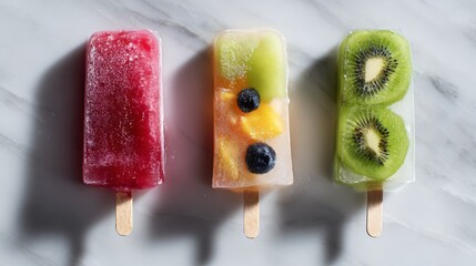 Trio of fruit popsicles flat lay on cold marble, wet shadows, copy space top