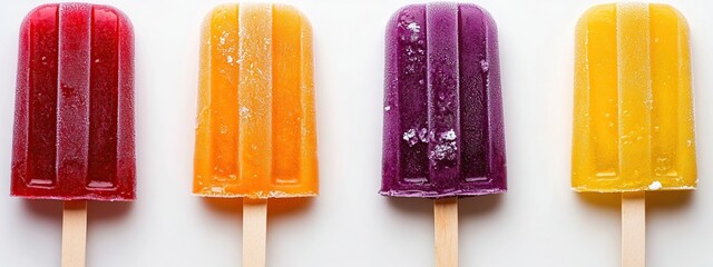 Four colorful popsicles with wooden sticks are arranged in a row on a white surface, showcasing their vibrant hues and icy textures.