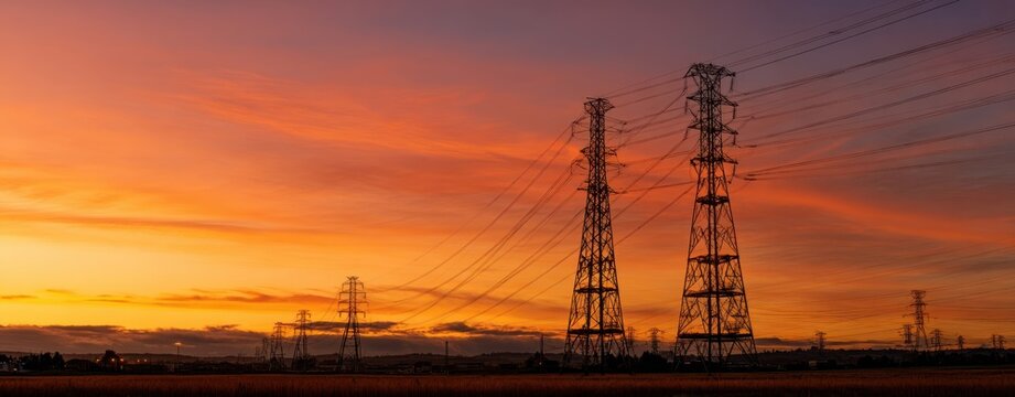The towering electricity pylons silhouetted against a vibrant sunset sky.