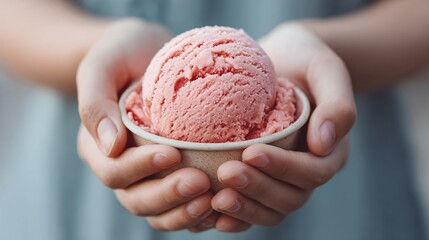 Two hands holding small cup of strawberry gelato, centered with airy background
