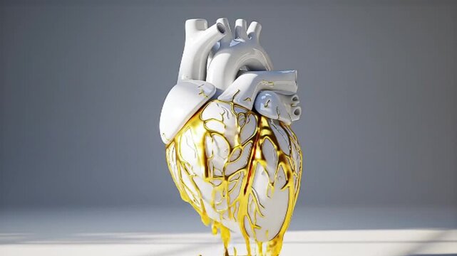 An anatomically correct human heart, made of beautiful porcelain, floats in a stark, clean space. Cracks begin to appear on its surface. Instead of shattering, shimmering liquid gold or light