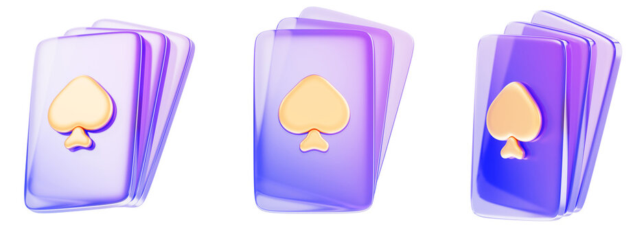 3d set of holographic glass morphism poker play card stacks with gold spades render. Online casino neon game ui icon for roulette, blackjack or baccarat. Isolated purple tarot deck. 3D illustration