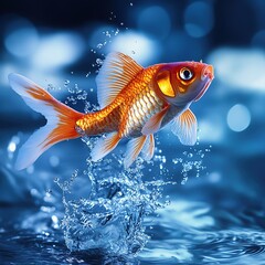 A vibrant golden fish leaps through the water, creating a splash of droplets, showcasing its dynamic movement and beauty.