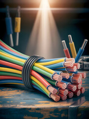 A vibrant bundle of multi-colored electrical wires with gleaming copper ends, spotlighted on a distressed metallic surface, ready for connection in an industrial setting