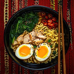 A close-up overhead shot of a steaming bowl of ramen with pork, spinach, soft boiled eggs, and chili peppers, served with chopsticks.