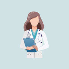 Fototapeta premium Minimalist line art vector of a doctor wearing stethoscope, holding clipboard, symbol of care, med check, health, clinic.
