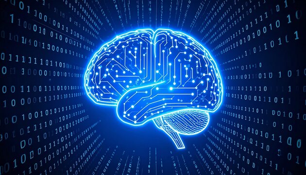 Close-up of a glowing digital brain made of circuits