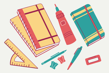 Collection of school supplies including notebooks pens ruler and eraser isolated on white background