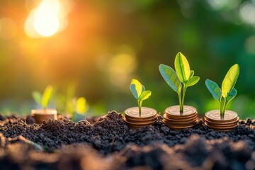 Tiny seedlings grow on stacks of coins, symbolizing growth and investment, with a warm sunrise in the background.