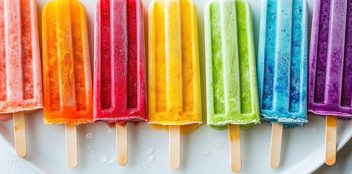 A row of colorful rainbow popsicles sits on a white tray, showcasing a vibrant assortment of fruity flavors.