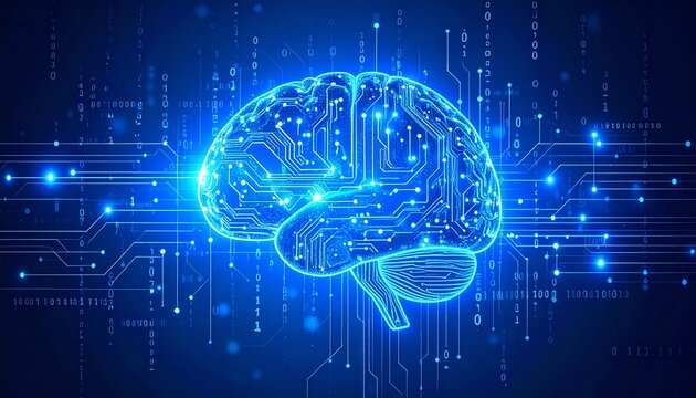 Close-up of a glowing digital brain made of circuits