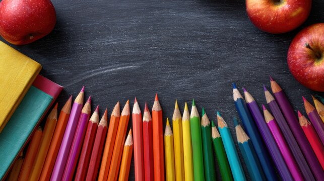 Colorful pencils and fresh apples arranged around a blackboard at a classroom setting for creative learning