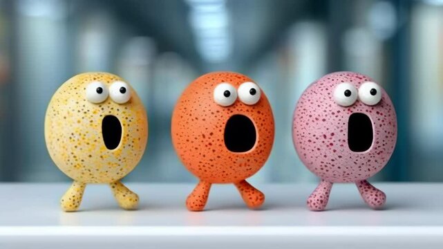 Three cartoon eggs with big eyes and mouths are standing on a white table. The eggs are in different colors, with one being yellow, one being orange, and one being pink. The scene conveys a playful