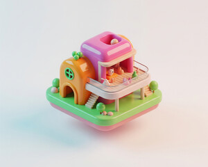 Fototapeta premium 3D isometric illustration of a multi-level modern house with a vibrant design and outdoor spaces, perfect for contemporary living.