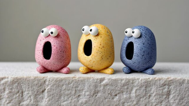 Three small, colorful, and funny looking creatures with big eyes and mouths. They are sitting on a white surface