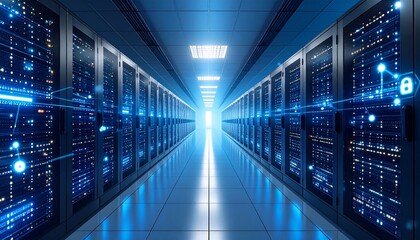 A sleek data center with glowing server racks, fiber optic cables, and digital security overlays