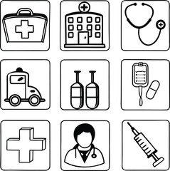 Medical Icons: A collection of crisp, illustrative medical icons set against a stark backdrop, representing key aspects of healthcare, from emergency services to treatment.