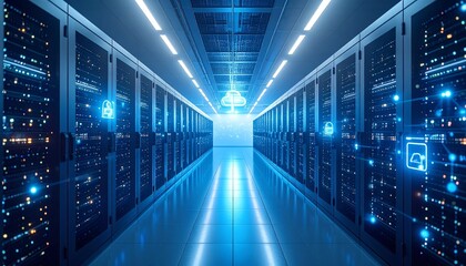 A sleek data center with glowing server racks, fiber optic cables, and digital security overlays