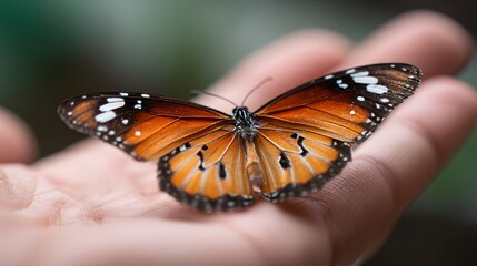 Obraz premium Butterfly resting on open palm, blurred background