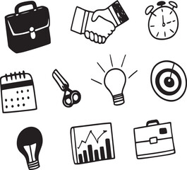 Hand-drawn Business Icons: A collection of hand-drawn business icons and elements, designed to symbolize innovation, success, and collaboration.