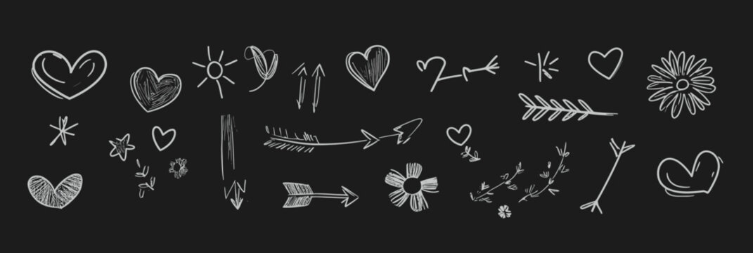 Hand drawn white chalk doodle heart star arrow flower decorative elements collection on blackboard background simple sketch vector illustration