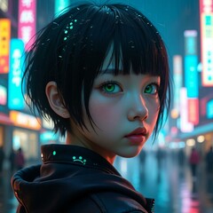 Hyper-realistic portrait of a girl with cyberpunk neon lights, rain reflections, Tokyo at night