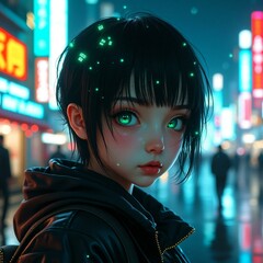 Hyper-realistic portrait of a girl with cyberpunk neon lights, rain reflections, Tokyo at night
