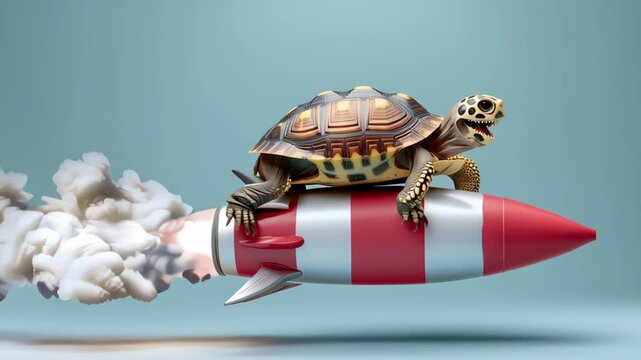 Turtle is riding a rocket. The rocket is red and white