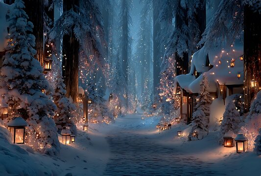 Enchanting snowy forest path illuminated by lanterns and fairy lights