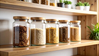 glass jars with wooden lids containing assorted grains