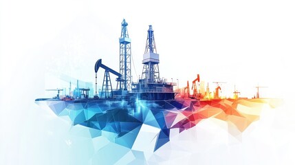 Offshore oil rig, platform, energy industry, extraction, technology, geometric background, digital art, website banner