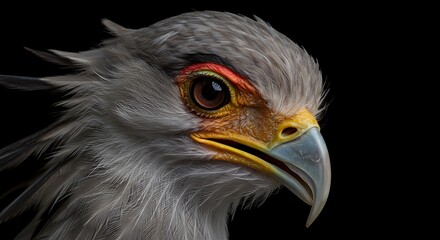 Obraz premium Secretary Bird Profile, Majestic Bird of Prey with Striking Colors, Close-Up Portrait of a Secretary Bird Against a Black Background