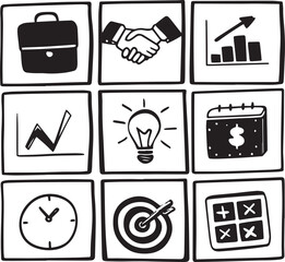 Business Icons: A collection of hand-drawn business icons are elegantly arranged in a grid, capturing the essence of professional operations.