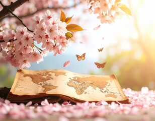 Vintage Map Under Cherry Blossom Tree with Butterflies in Sunlight
