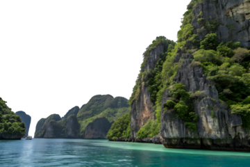 Emerald Isle's Serenity: Capture the tranquility of a breathtaking landscape, with towering cliffs draped in verdant foliage, as they majestically meet the placid turquoise waters.