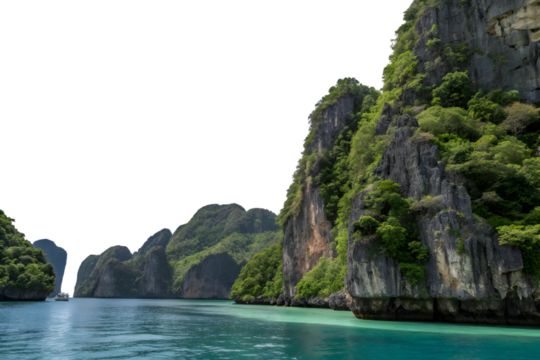 Emerald Isle's Serenity: Capture the tranquility of a breathtaking landscape, with towering cliffs draped in verdant foliage, as they majestically meet the placid turquoise waters.