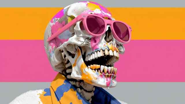 Skeleton with pink and blue paint on its face and sunglasses on its head. The skull is smiling and has its mouth open
