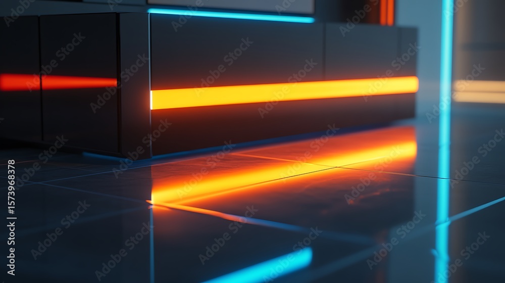 Fototapete abstract scene with dark blocks and bright horizontal neon light reflections