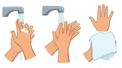 Step-by-step illustration of proper handwashing technique with soap and water in a clean setting