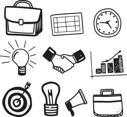 Business Icons: A collection of hand-drawn business icons, including a briefcase, notepad, clock, light bulb, handshake, chart, target, and megaphone.