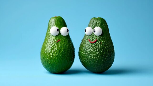 Two avocados with eyes and smiling faces. Scene is lighthearted and playful