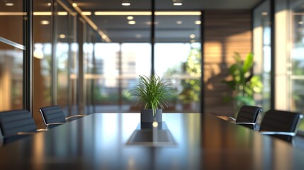 Modern office conference room, plant centerpiece, city view, meeting preparation