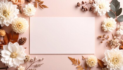 Elegant floral arrangement with blank space for message soft pink background photography calm environment top-down view nature inspired