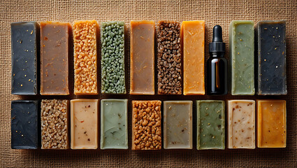 Artisan Herbal Soaps and Essential Oil:  Natural, Earthy Tones, Flat Lay Photography.