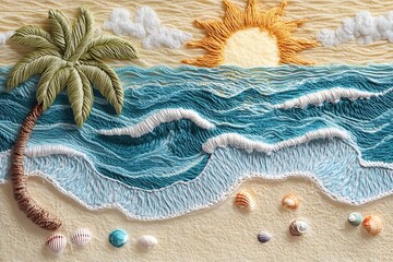 Embroidered beach sunset scene.