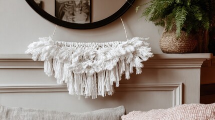 Obraz premium Bohemian macramé wall hanging with white tassels in cozy living room decor